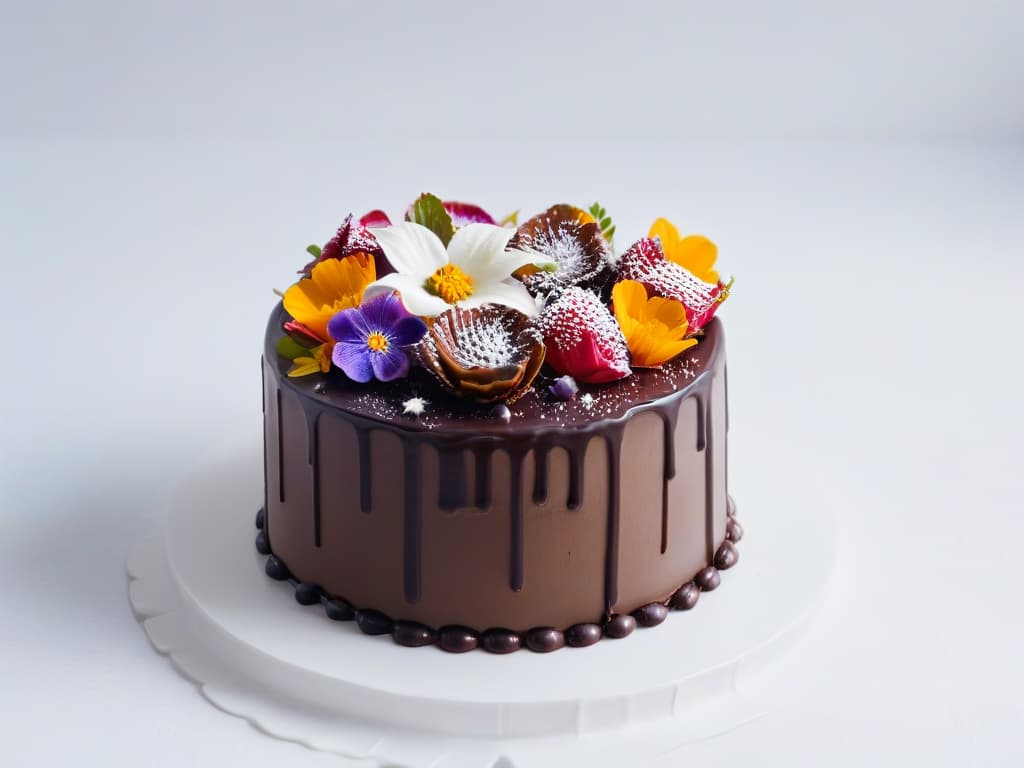  An ultradetailed, minimalistic image of a luxurious dark chocolate vegan cake, featuring smooth, glossy ganache drizzle cascading down the sides, adorned with delicate edible flowers on top, set against a stark white background to highlight the intricate textures and rich colors of the dessert. hyperrealistic, full body, detailed clothing, highly detailed, cinematic lighting, stunningly beautiful, intricate, sharp focus, f/1. 8, 85mm, (centered image composition), (professionally color graded), ((bright soft diffused light)), volumetric fog, trending on instagram, trending on tumblr, HDR 4K, 8K