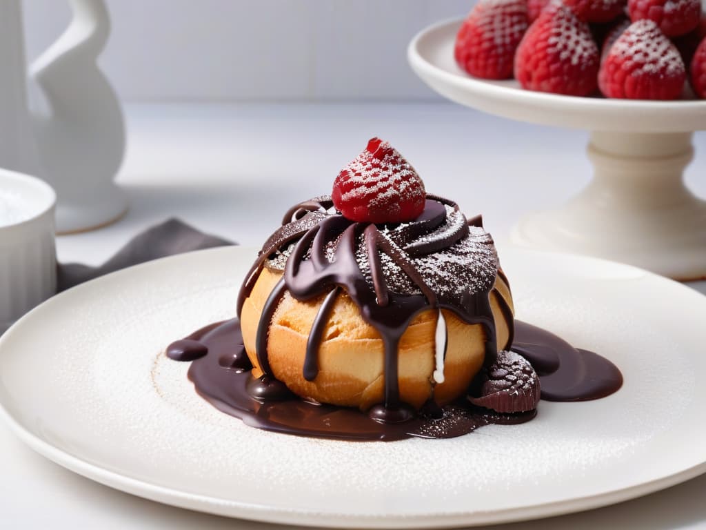  A closeup, ultradetailed image of a perfectly goldenbrown profiterole being drizzled with a decadent dark chocolate sauce. The profiterole is delicately dusted with powdered sugar, sitting on a sleek, modern white plate, with a few fresh raspberries scattered artfully around it. The chocolate sauce glistens as it cascades over the profiterole, capturing the moment of indulgence and luxury in a minimalist, elegant composition. hyperrealistic, full body, detailed clothing, highly detailed, cinematic lighting, stunningly beautiful, intricate, sharp focus, f/1. 8, 85mm, (centered image composition), (professionally color graded), ((bright soft diffused light)), volumetric fog, trending on instagram, trending on tumblr, HDR 4K, 8K