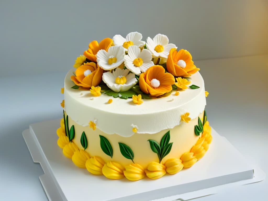  A photorealistic image of a beautifully decorated vegan cake, showcasing intricate details like delicate sugar flowers, smooth frosting, and elegant piping designs. The cake is displayed on a pristine white cake stand, with soft natural lighting highlighting its vibrant colors and textures. The image exudes elegance and sophistication, making it a perfect visual representation of vegan baking and the art of replacing eggs and dairy in pastry. hyperrealistic, full body, detailed clothing, highly detailed, cinematic lighting, stunningly beautiful, intricate, sharp focus, f/1. 8, 85mm, (centered image composition), (professionally color graded), ((bright soft diffused light)), volumetric fog, trending on instagram, trending on tumblr, HDR 4K, 8K