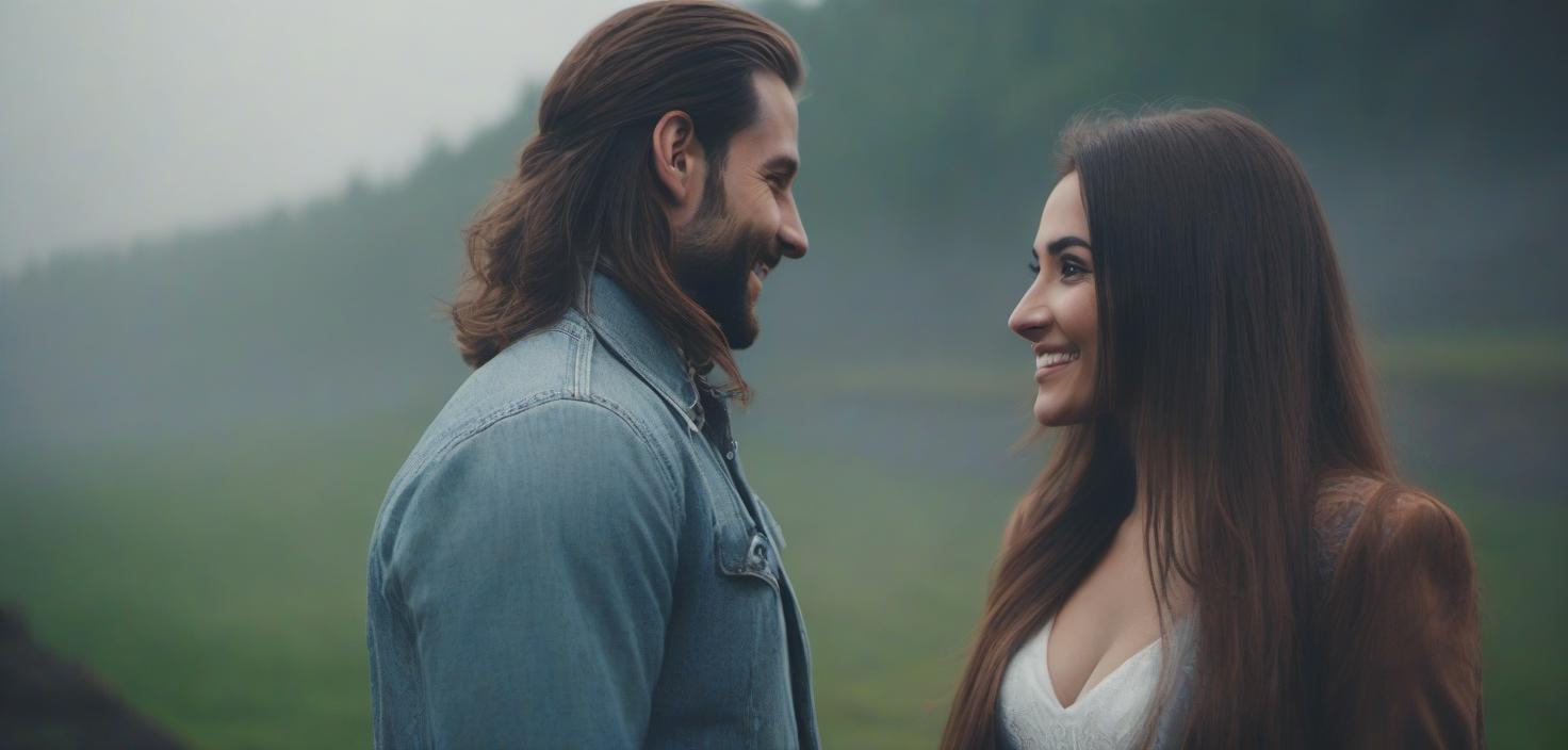  A long haired girl looks at a man and smiles. hyperrealistic, full body, detailed clothing, highly detailed, cinematic lighting, stunningly beautiful, intricate, sharp focus, f/1. 8, 85mm, (centered image composition), (professionally color graded), ((bright soft diffused light)), volumetric fog, trending on instagram, trending on tumblr, HDR 4K, 8K