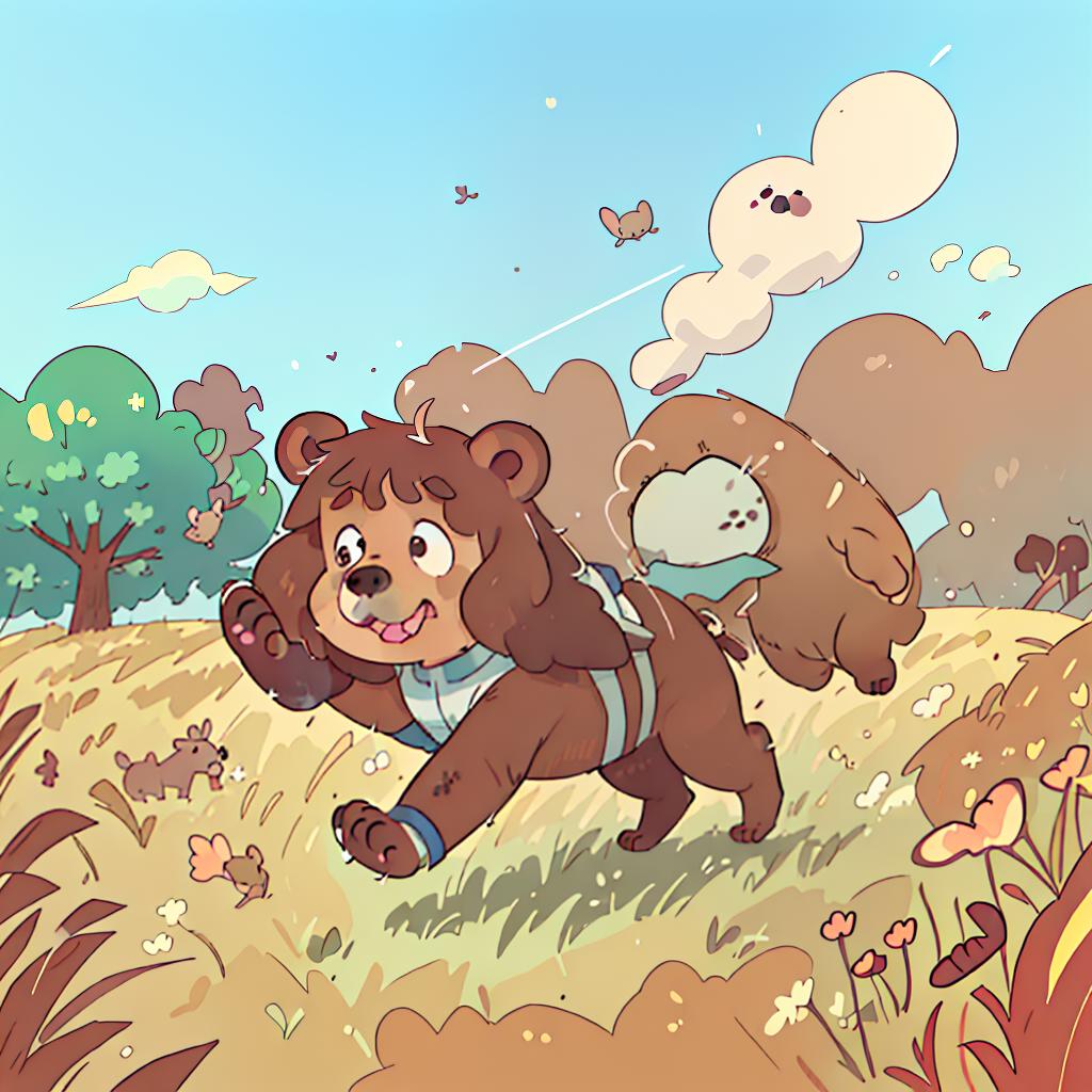  Bear with light brown muzzle, running through field, rabbits all around, high angle, masterpiece, highly detailed, 4k, HQ, separate colors, bright colors