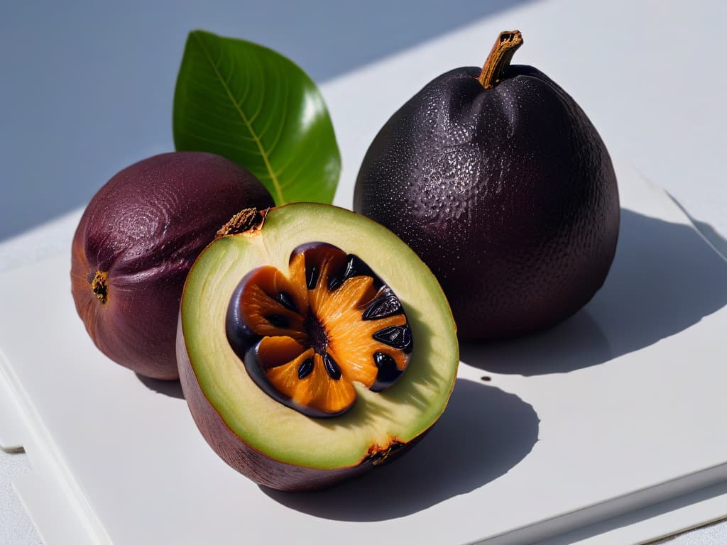  A closeup, ultradetailed image of a ripe, glossy zapote negro fruit resting on a sleek, modern white ceramic plate, showcasing its rich, dark purple skin with hints of green and brown. The lighting is soft, highlighting the fruit's unique texture and vibrant color, while a subtle reflection of the fruit is visible on the pristine surface below. The minimalistic composition enhances the mysterious allure of the zapote negro, inviting the viewer to explore its flavors and properties further. hyperrealistic, full body, detailed clothing, highly detailed, cinematic lighting, stunningly beautiful, intricate, sharp focus, f/1. 8, 85mm, (centered image composition), (professionally color graded), ((bright soft diffused light)), volumetric fog, trending on instagram, trending on tumblr, HDR 4K, 8K