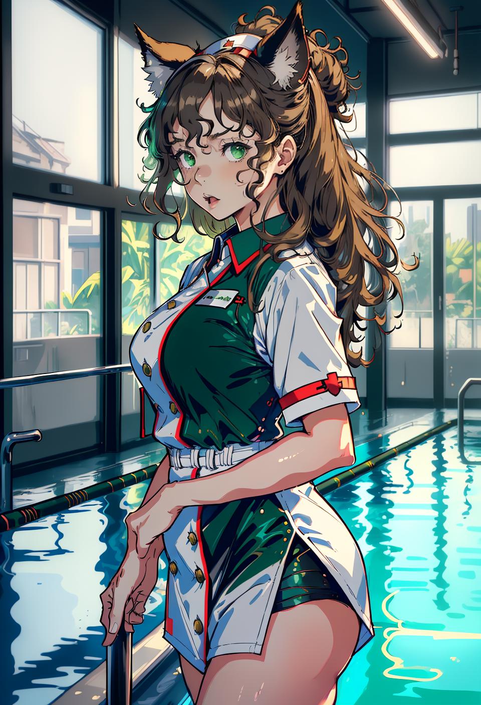  ((trending, highres, masterpiece, cinematic shot)), 1girl, mature, female nurse uniform, large, pool scene, long curly light brown hair, afro,  green eyes, neurotic personality, bored expression, animal ears, animal tail, grey skin, lively, lucky