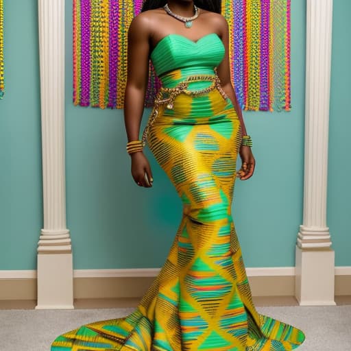  A Ghanaian modern bride in a stylish mint green Ghanaian KENTE gown with chains and petals . Should be a mermaid dress that looks regal and has highlights of kente colors. Must look like a beauty queen with a golden crown