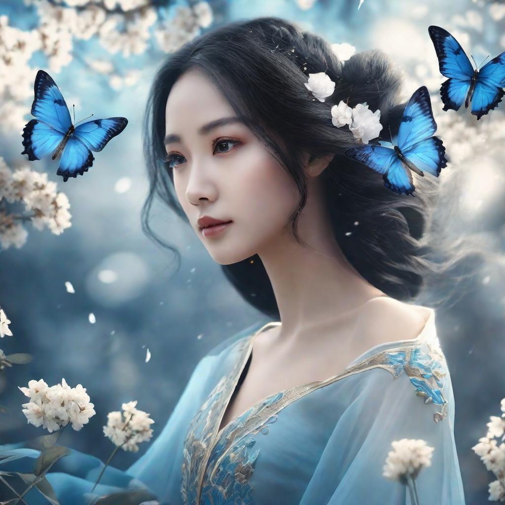  masterpiece, best quality, (Fidelity: 1.4), Best Quality, Masterpiece, Ultra High Resolution, Poster, Fantasy Art, Very Detailed Faces, 8k resolution, Chinese Style, An woman, Side Face, Quiet, Light Blue Hanfu, Tulle Coat, Long Black Hair, Light Blue Fringed Hair Ornament, Hairpin, White Ribbon, White Flower Bush, Light Blue Butterfly Flying, cinematic lighting effects