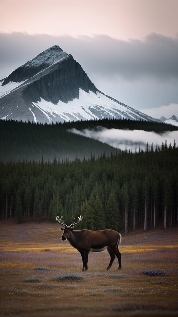  Caribou, tundra, high resolution , hyperrealistic, high quality, highly detailed, cinematic lighting, intricate, sharp focus, f/1. 8, 85mm, (centered image composition), (professionally color graded), ((bright soft diffused light)), volumetric fog, trending on instagram, HDR 4K, 8K