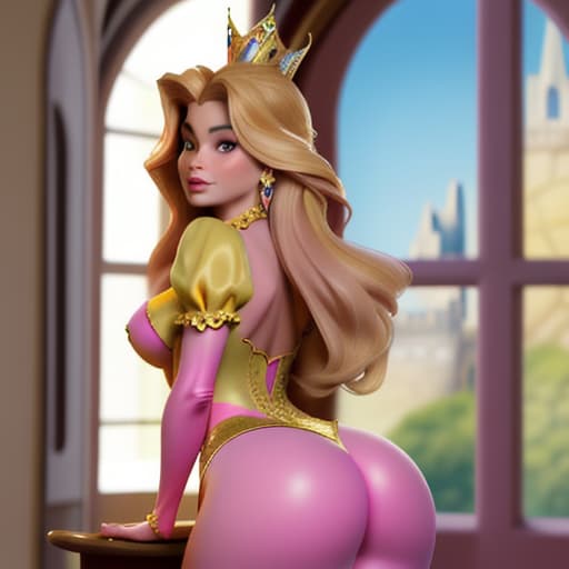  Sofia Vergara as a fantasy Disney queen in bodytight and skinny pink-yellow short and opulent dress,seen from the back leaning towards palace window,her ass up,watching her Middle Earth- like kingdom