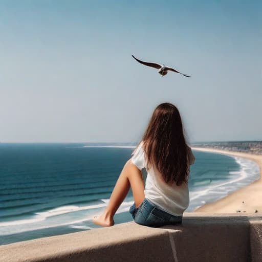  Young woman with long brown hair, fringe, jeans, t-shirt, no shoes, feet in the sand, sitting on a wall on the beach, looking at the sea horizon sadly and some seagulls in the sky.