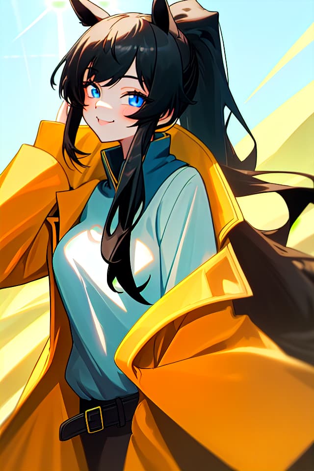  Girl, black hair, Long hair, ponytail, horse ear, eye mask, light blue eyes, confidence, SMILE, UPPER BODY, yellow shirt, red long coat, sunlight