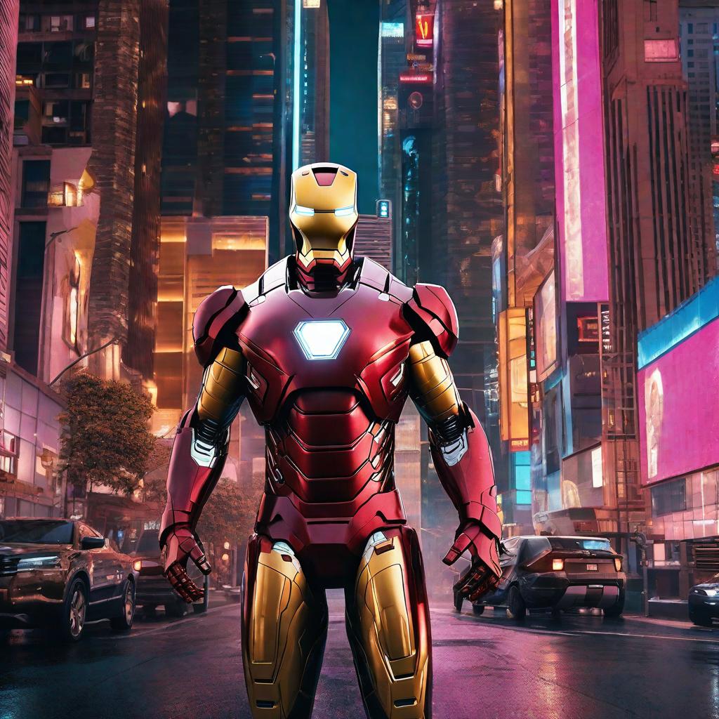  masterpiece, best quality, Best quality, masterpiece, 8k resolution, realistic, highly detailed, close up of Iron Man. In a cyberpunk-style night scene of the city, he stands on a street lined with tall buildings. The city's night lights are bright, The surrounding buildings and streets are filled with cyberpunk elements such as neon lights, high-tech devices, and futuristic architectural designs.