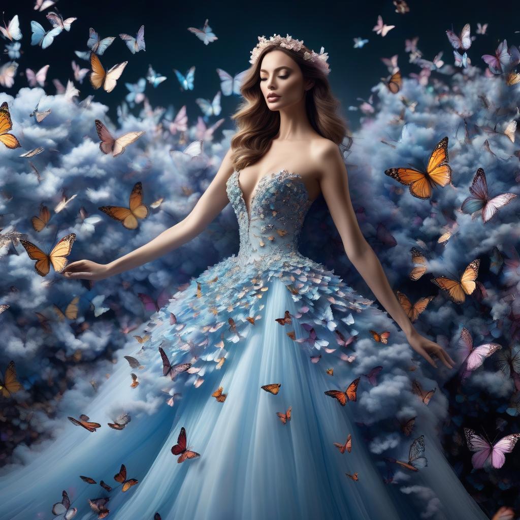  The fairy flies in a dress of 1000 differently colored butterflies of different sizes, the dress unfolds into a cloud of light, glimmer, smoke, and shimmer. hyperrealistic, full body, detailed clothing, highly detailed, cinematic lighting, stunningly beautiful, intricate, sharp focus, f/1. 8, 85mm, (centered image composition), (professionally color graded), ((bright soft diffused light)), volumetric fog, trending on instagram, trending on tumblr, HDR 4K, 8K