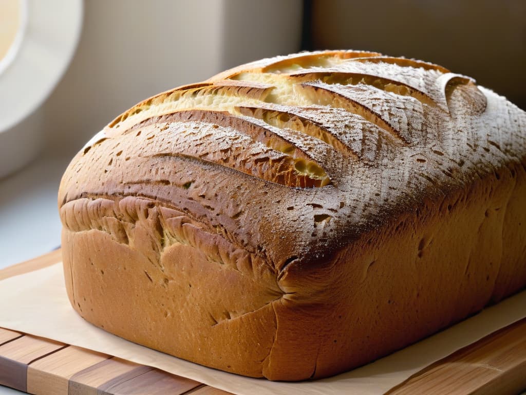  An ultradetailed closeup image of a freshly baked loaf of artisan rye bread, showcasing the intricate patterns of the crust with golden hues, cracks, and a light dusting of flour. The texture of the bread should appear rustic and inviting, with visible specks of rye grains on the surface. The background is intentionally blurred to keep the focus solely on the beautiful imperfections of the bread, highlighting the essence of the rye flour as a key ingredient in creating this masterpiece. hyperrealistic, full body, detailed clothing, highly detailed, cinematic lighting, stunningly beautiful, intricate, sharp focus, f/1. 8, 85mm, (centered image composition), (professionally color graded), ((bright soft diffused light)), volumetric fog, trending on instagram, trending on tumblr, HDR 4K, 8K