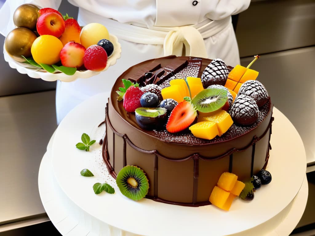  An ultradetailed image of a pastry chef meticulously decorating a cake with intricate designs using Fair Trade chocolate and colorful fruits, set against a clean, white background. The chef's focused expression and precision in hand movements showcase the artistry and dedication involved in incorporating Fair Trade practices into pastry making, emphasizing the importance of ethical sourcing in culinary creations. hyperrealistic, full body, detailed clothing, highly detailed, cinematic lighting, stunningly beautiful, intricate, sharp focus, f/1. 8, 85mm, (centered image composition), (professionally color graded), ((bright soft diffused light)), volumetric fog, trending on instagram, trending on tumblr, HDR 4K, 8K