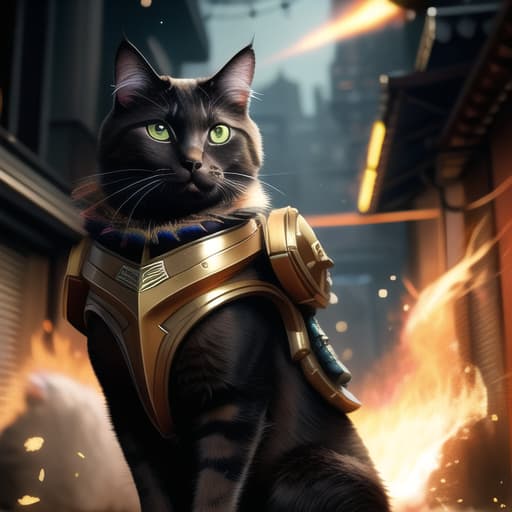  an anthropomorphic cat wearing black linen is depicted in an action pose, swirling fire with an arrow symbol in cat hand, floating above a street in a dark city alleyway, swirling magic effects and swirling energy waves surround cat, with a golden glow on cat face and body, looking at the camera, hyper detailed, movie still, ultrawide, ultra detailed, hyper focus, unreal engine, masterpiece, high rez, high quality, futuristic, exo skeleton, power armor, apex cat dominant universe, fight scars, cat had ear bitten by dog, war between cats and dogs, , (masterpiece, best quality:1.5), HDR 4K, 8K