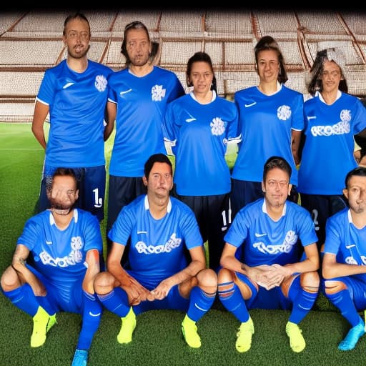 portrait+ style equipo de futbol con camisetas azules celebrando un hom