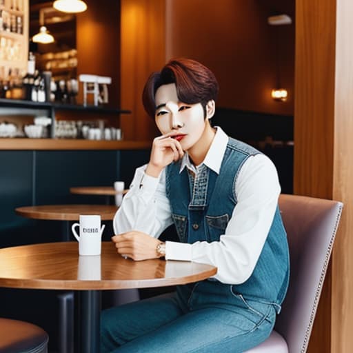  Show Kim seok Jin sitting in a cafe at noon across from a pretty western girl