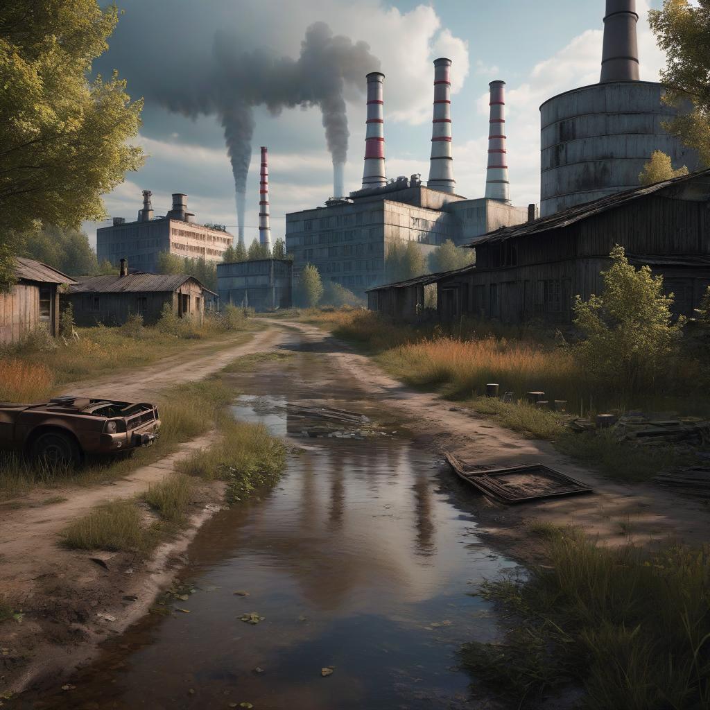  Exclusion Zone. An abandoned, deserted village, ((a street with an amazing view)) of the majestic (((Chernobyl Nuclear Power Plant))), recognizable pipes are clearly visible, on both sides of the street there are one story wooden houses, the world of the game S.T.A.L.K.E.R., cgi hyperrealistic, full body, detailed clothing, highly detailed, cinematic lighting, stunningly beautiful, intricate, sharp focus, f/1. 8, 85mm, (centered image composition), (professionally color graded), ((bright soft diffused light)), volumetric fog, trending on instagram, trending on tumblr, HDR 4K, 8K