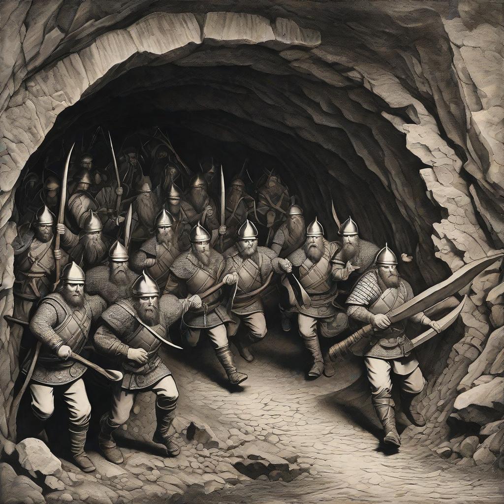  masterpiece, best quality, A group of viking miners running down a cave tunnel running from fire spit by a dragon