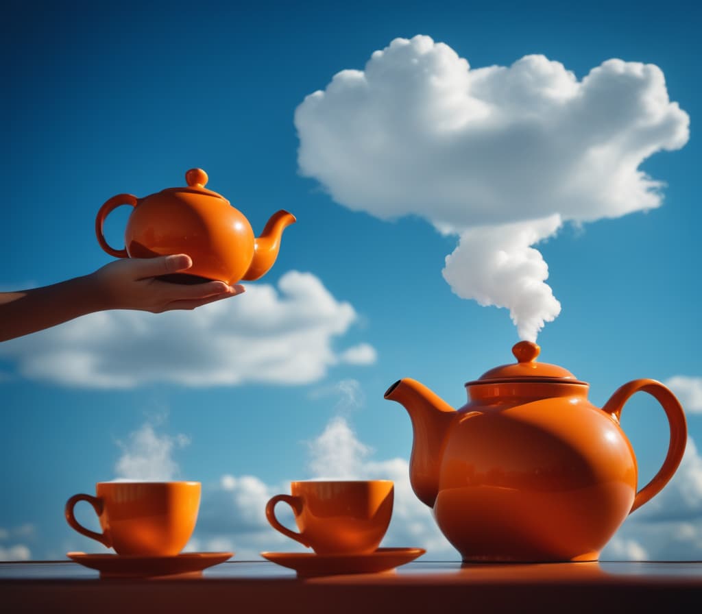  cinematic film still Mama with the child draws clouds on the orange teapot, Mama and the child draw clouds on the teapot in the clear sky, blue sky as a background. . shallow depth of field, vignette, highly detailed, high budget, bokeh, cinemascope, moody, epic, gorgeous, film grain, grainy