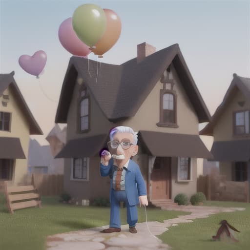  a brave, elderly gentleman with square glasses and balloons attached to his house,ultra-detailed , 8k,best quality