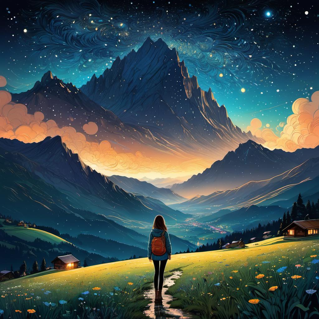  European girl, casual clothing, The view from behind, on the Alpine meadow, after rain, starry sky, clouds, vivid, highly detailed, Nicolas Delort and Victo Ngai, hand-drawn, digital art, Midnight, whimsical, (enchanting atmosphere:1.1), warm lighting , depth of field, Wacom Cintiq, Adobe Photoshop, 300 DPI, (hdr:1.2), dark perple shadows