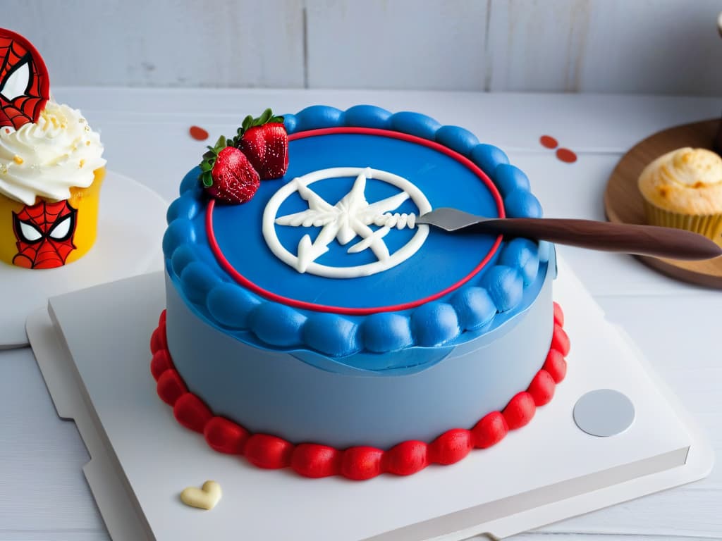  An ultradetailed 8k image featuring a sleek, minimalist kitchen countertop adorned with an array of highquality superherothemed bakeware. The image showcases a Captain America shield cake mold, a SpiderMan spatula, an Iron Man cupcake tray, and a Thor hammer rolling pin. The utensils gleam in the soft ambient light, emphasizing their professional quality and inspiring potential bakers to elevate their baking skills with these heroic tools. hyperrealistic, full body, detailed clothing, highly detailed, cinematic lighting, stunningly beautiful, intricate, sharp focus, f/1. 8, 85mm, (centered image composition), (professionally color graded), ((bright soft diffused light)), volumetric fog, trending on instagram, trending on tumblr, HDR 4K, 8K