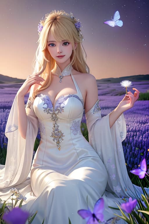  A beautiful young woman with blond hair in a flowing white dress, sitting in a field of purple and blue flowers. She is holding a glowing dandelion. The scene is illuminated by a magical aurora in the night sky, with butterflies flying around her. The setting is dreamy and ethereal, with a soft and mystical light. Highly detailed and photorealistic. hyperrealistic, full body, detailed clothing, highly detailed, cinematic lighting, stunningly beautiful, intricate, sharp focus, f/1. 8, 85mm, (centered image composition), (professionally color graded), ((bright soft diffused light)), volumetric fog, trending on instagram, trending on tumblr, HDR 4K, 8K