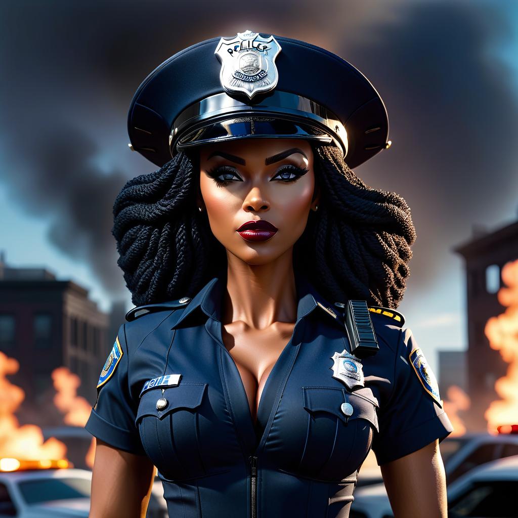  dreamscape Kira Noir, , masterpiece, best quality, hires, high resolution, extremely detailed, realistic, intricate details, highres, police officer , wering police hat, post apocalypse settings, small s, neckline, DEEP CUT, wearing hands on waist, sunlight, cinematic lighting, volumetric, looking at viewer, telephoto shot, facing viewer, from above. . surreal, ethereal, dreamy, mysterious, fantasy, highly detailed hyperrealistic, full body, detailed clothing, highly detailed, cinematic lighting, stunningly beautiful, intricate, sharp focus, f/1. 8, 85mm, (centered image composition), (professionally color graded), ((bright soft diffused light)), volumetric fog, trending on instagram, trending on tumblr, HDR 4K, 8K