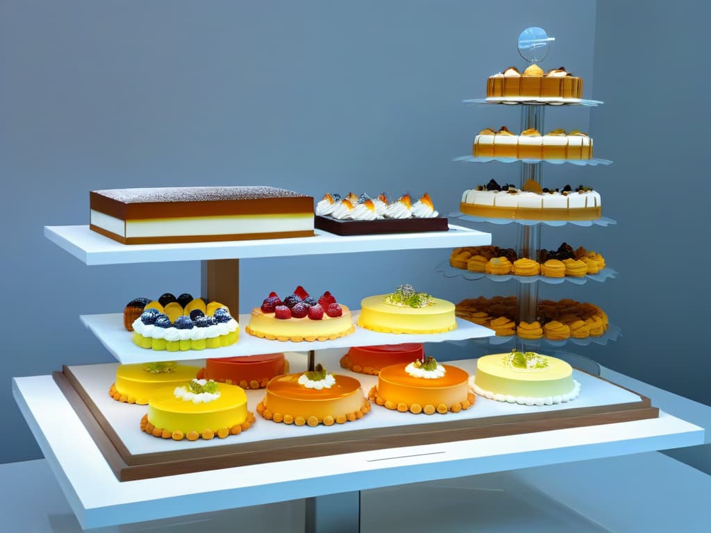  A beautifully crafted, photorealistic image of a sleek, modern bakery display showcasing a variety of innovative themed desserts. The display features an array of colorful, intricately designed cakes, pastries, and confections inspired by popular trends such as geometric patterns, watercolor designs, and metallic accents. The desserts are artfully arranged on elegant serving platters and stands, set against a backdrop of soft, diffused lighting that highlights their exquisite details and textures. The overall aesthetic is sophisticated and visually striking, appealing to a professional audience looking for fresh ideas in themed dessert merchandising. hyperrealistic, full body, detailed clothing, highly detailed, cinematic lighting, stunningly beautiful, intricate, sharp focus, f/1. 8, 85mm, (centered image composition), (professionally color graded), ((bright soft diffused light)), volumetric fog, trending on instagram, trending on tumblr, HDR 4K, 8K