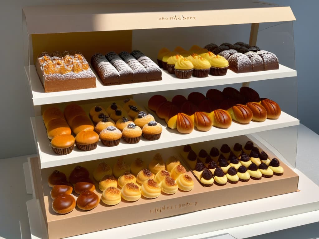  A highresolution image showcasing a minimalist, sleek bakery display with an array of beautifully crafted pastries and cakes presented on ecofriendly packaging made from recycled materials. The packaging features elegant earthy tones and subtle embossed designs, emphasizing the concept of sustainable and ecoconscious packaging for bakery creations. The pastries are artfully arranged, exuding a sense of craftsmanship and care, appealing to the viewer's desire for both delicious treats and environmentally friendly practices. hyperrealistic, full body, detailed clothing, highly detailed, cinematic lighting, stunningly beautiful, intricate, sharp focus, f/1. 8, 85mm, (centered image composition), (professionally color graded), ((bright soft diffused light)), volumetric fog, trending on instagram, trending on tumblr, HDR 4K, 8K