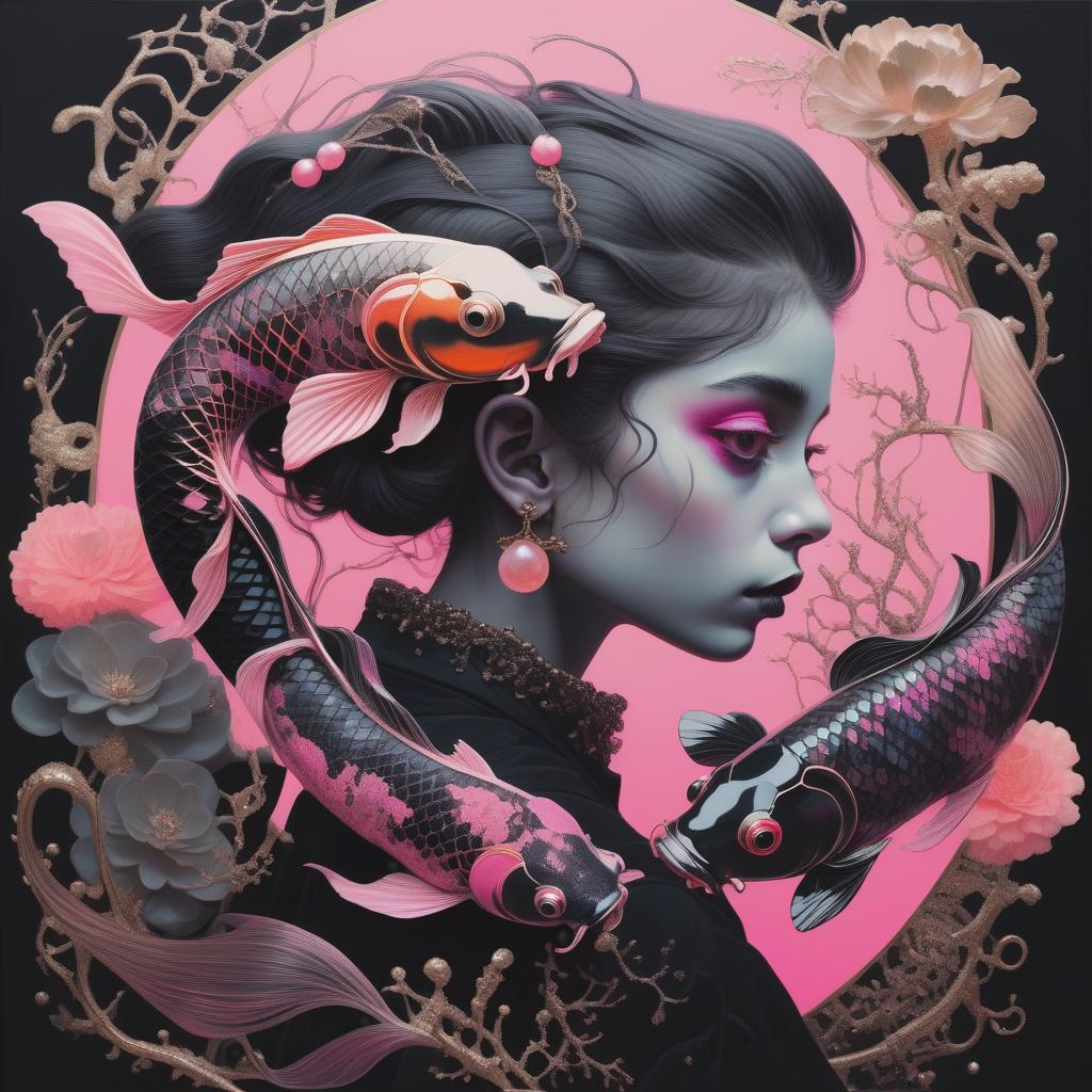  photo RAW, (Black, neon pink and magenta : Portrait of 2 ghostly long tailed black koi, hispanic brown woman, shiny aura, highly detailed, black pearls, gold and coral filigree, intricate motifs, organic tracery, Kiernan Shipka, Januz Miralles, Hikari Shimoda, glowing stardust by W. Zelmer, perfect composition, smooth, sharp focus, sparkling particles, lively coral reef colored background Realistic, realism, hd, 35mm photograph, 8k), masterpiece, award winning photography, natural light, perfect composition, high detail, hyper realistic, add depth, water background hyperrealistic, full body, detailed clothing, highly detailed, cinematic lighting, stunningly beautiful, intricate, sharp focus, f/1. 8, 85mm, (centered image composition), (professionally color graded), ((bright soft diffused light)), volumetric fog, trending on instagram, trending on tumblr, HDR 4K, 8K