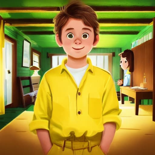  (best quality:1.5), (realistic:1.0), 1boy, short brown hair, yellow shirt, green pants, in the cabin, dim light, cozy