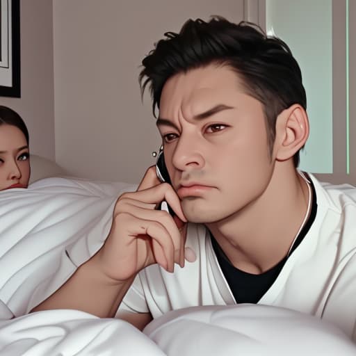  Husband on a call in bed with wife watching with a mad face