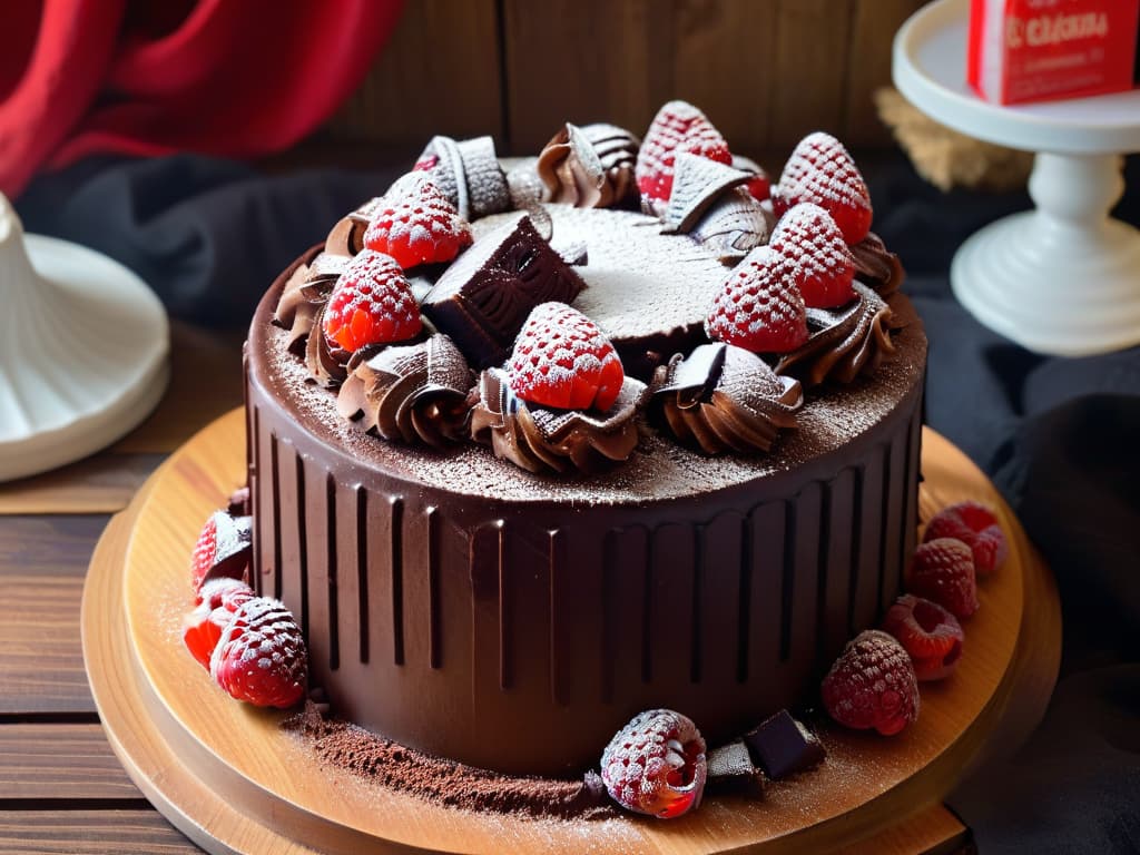  An 8k ultradetailed image of a decadent chocolate cake, perfectly moist with layers of rich chocolate ganache, topped with fresh raspberries and dusted with powdered sugar. The cake sits on a rustic wooden table, surrounded by scattered cocoa powder and dark chocolate chunks. The lighting is soft, casting a warm glow over the dessert, highlighting its glossy finish and inviting presentation. hyperrealistic, full body, detailed clothing, highly detailed, cinematic lighting, stunningly beautiful, intricate, sharp focus, f/1. 8, 85mm, (centered image composition), (professionally color graded), ((bright soft diffused light)), volumetric fog, trending on instagram, trending on tumblr, HDR 4K, 8K