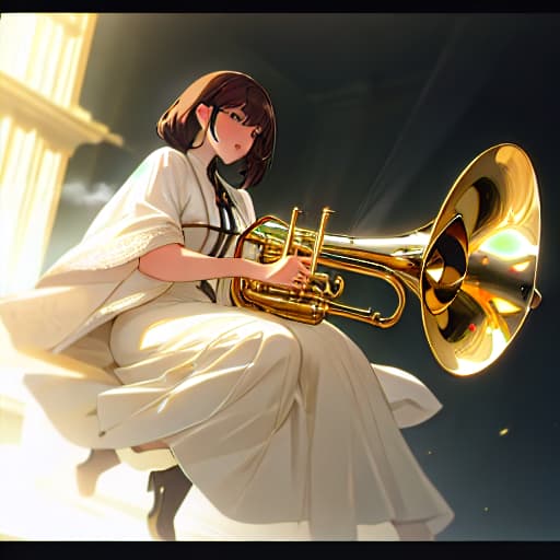  (brunette woman playing trumpet), anime, highly detailed, 4k, high quality, trending on art station hyperrealistic, full body, detailed clothing, highly detailed, cinematic lighting, stunningly beautiful, intricate, sharp focus, f/1. 8, 85mm, (centered image composition), (professionally color graded), ((bright soft diffused light)), volumetric fog, trending on instagram, trending on tumblr, HDR 4K, 8K