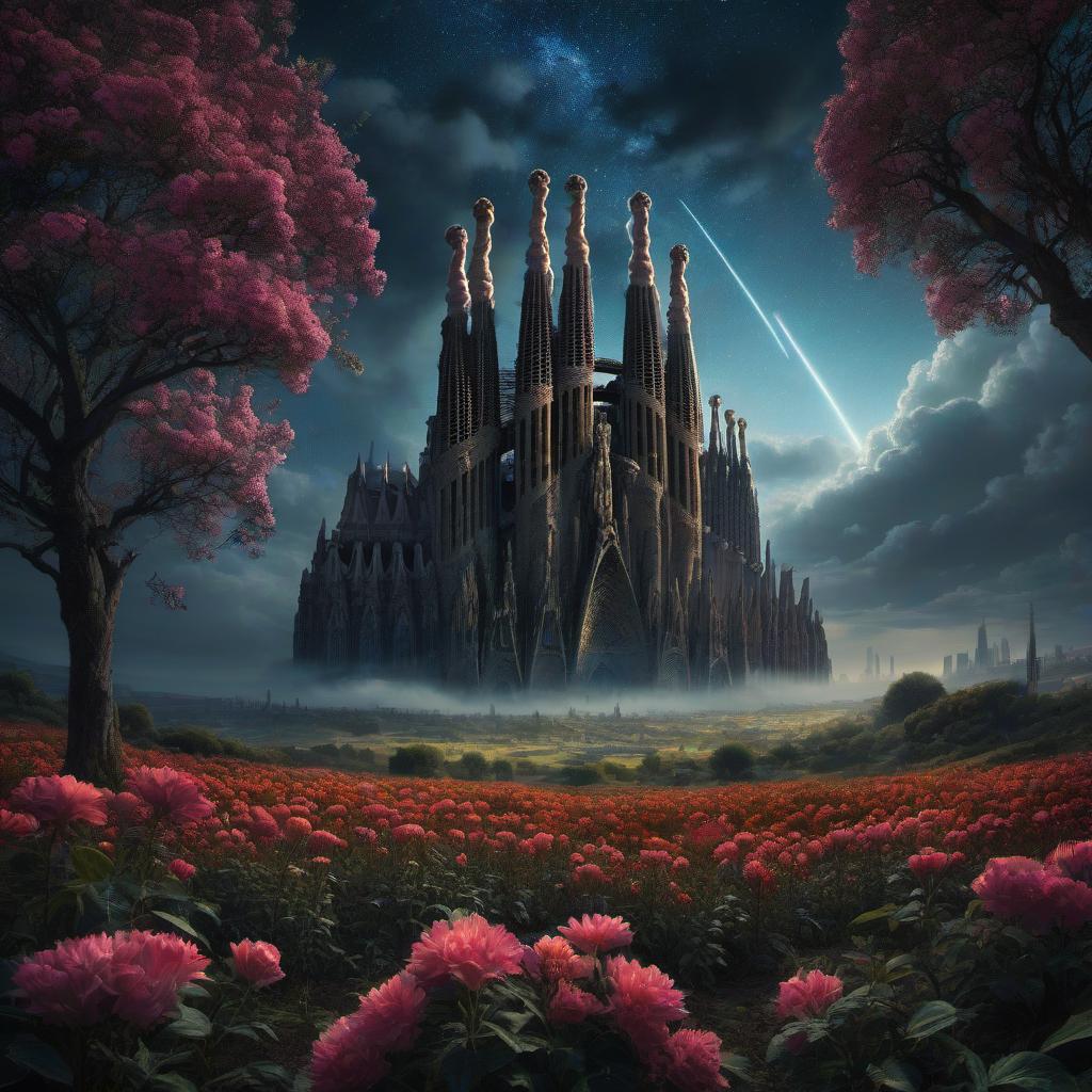  (stylized by Tomasz Alen Kopera:1.3) , dark art, dense flower field and Perseid meteor in background, landscape of a (Barcelona:1.2) , very Bizarre and 1600'S, Hurricane, Glitchcore, Amaro, layered textures, ornate, intricate artistic color, complimentary colors, very inspirational, atmosphere, fine artistic composition, sunny, theatrical hyperrealistic, full body, detailed clothing, highly detailed, cinematic lighting, stunningly beautiful, intricate, sharp focus, f/1. 8, 85mm, (centered image composition), (professionally color graded), ((bright soft diffused light)), volumetric fog, trending on instagram, trending on tumblr, HDR 4K, 8K