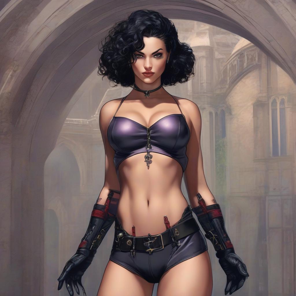  A beautiful young woman stands tall, with an attractive body, plump forms of the body, dressed in a black body hugging suit, hands and legs exposed, dark short hair, short and curly, her skin is grayish pale, Raven, a character from DC comics, Her skin has a bluish tint, and her eyes are bright red. Her hair is black, short, curly, Her costume consists of a deep purple bodysuit, usually accompanied by purple gloves and boots. Hands and feet are exposed, Her overall appearance is mysterious and gothic, emphasizing her semi demonic nature and her struggle with dark forces. Her appearance also reflects her emotional state, as her powers allow her to control and manipulate emotions. hyperrealistic, full body, detailed clothing, highly detailed, cinematic lighting, stunningly beautiful, intricate, sharp focus, f/1. 8, 85mm, (centered image composition), (professionally color graded), ((bright soft diffused light)), volumetric fog, trending on instagram, trending on tumblr, HDR 4K, 8K