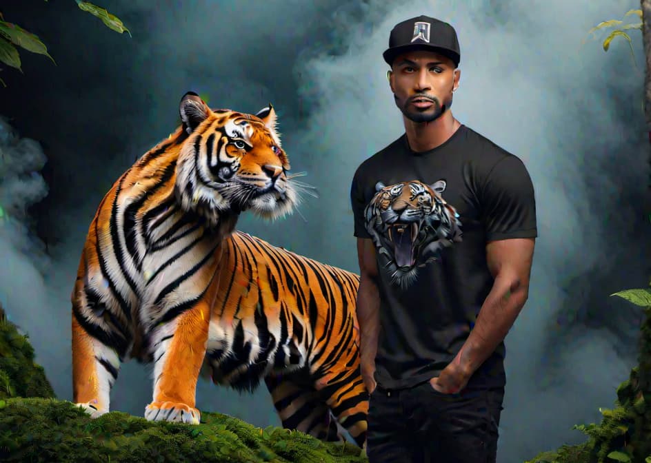  A black t shirt with tiger print hyperrealistic, full body, detailed clothing, highly detailed, cinematic lighting, stunningly beautiful, intricate, sharp focus, f/1. 8, 85mm, (centered image composition), (professionally color graded), ((bright soft diffused light)), volumetric fog, trending on instagram, trending on tumblr, HDR 4K, 8K