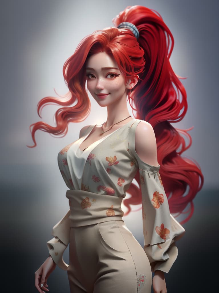  (masterpiece, best quality), 1girl, collarbone, wavy hair, looking at viewer, blurry foreground, upper body, necklace, contemporary, plain pants, ((intricate, print, pattern)), ponytail, freckles, red hair, dappled sunlight, smile, happy, hyperrealistic, full body, detailed clothing, highly detailed, cinematic lighting, stunningly beautiful, intricate, sharp focus, f/1. 8, 85mm, (centered image composition), (professionally color graded), ((bright soft diffused light)), volumetric fog, trending on instagram, trending on tumblr, HDR 4K, 8K