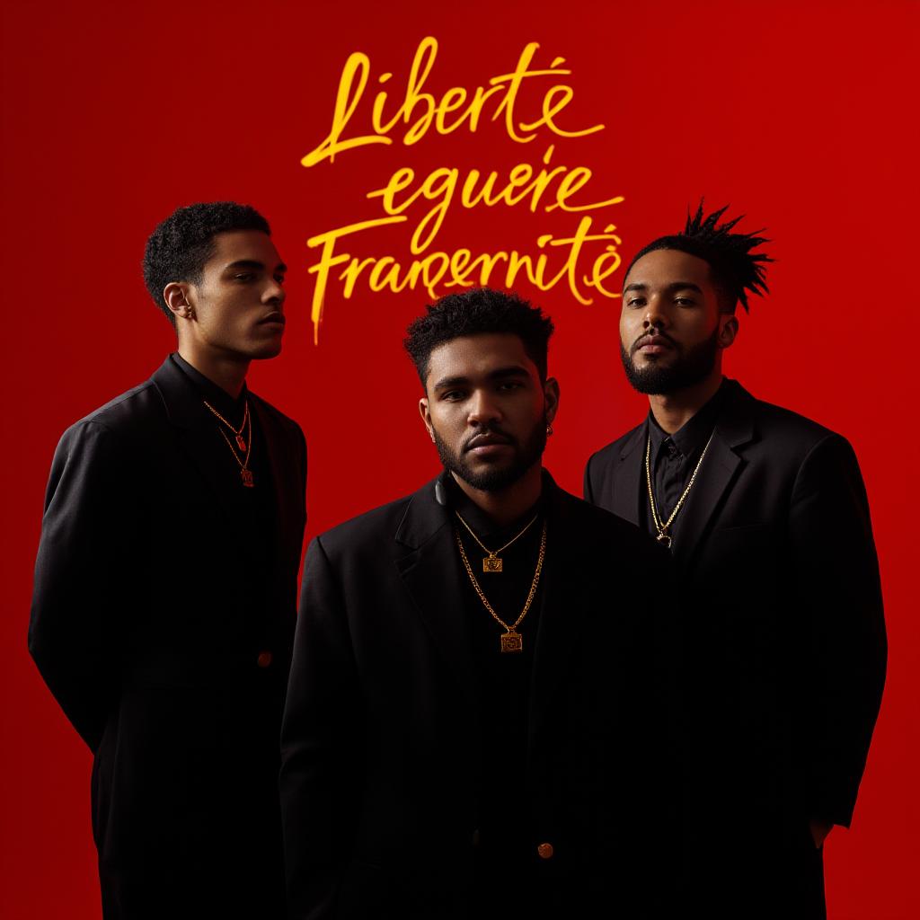  good quality, high quality, a detailed portrait of three rappers in a "red room" ambiance, dressed in black, embodying the concept of the "three wise monkeys." the rappers are positioned in front of a background featuring light painting in cursive yellow writing that reads "liberté, égalité, fraternité." warm, red ambient lighting with soft highlights. created using: nikon d850, rembrandt lighting, contemporary art influence, high dynamic range, expressive shadows, detailed textures, street fashion elements, hip hop aesthetic, hd quality, natural look ar 2:3