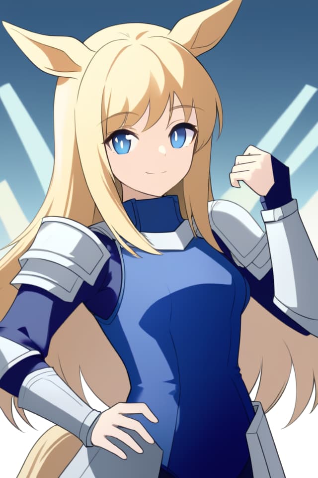  horse ears,blonde hair,long hair,blue eye,Medium chest,blue one piece,armor,from front,looking at viewer,stand,happy,arknights style,Alone,one hand on hip,high quality