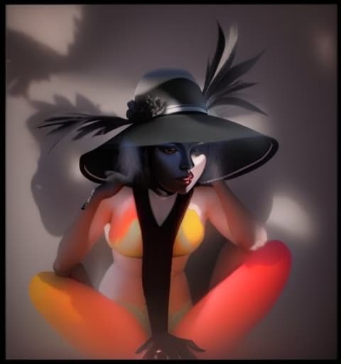  a colorfully presented, 3d picture of A woman in a hat with features who is sitting on the ground, with a black body, and a white face, shadow reflecting, , hyperrealistic, high quality, highly detailed, perfect lighting, intricate, sharp focus, f/1. 8, 85mm, (centered image composition), (professionally color graded), ((bright soft diffused light)), trending on instagram, HDR 4K, 8K