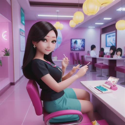  Cute Thai woman painting nail of a customer in a nail salon, good lighting, high details, bright colours, good quality, good hands, good eyes, good fingers