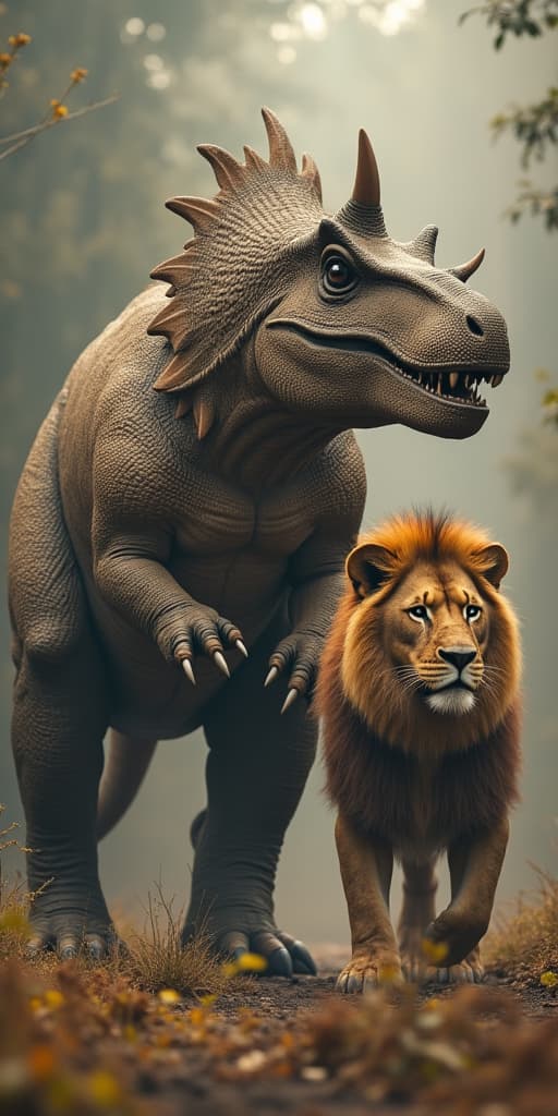  good quality, high quality, a ankylosaurus standing right next to a lion, epic, realistic, highly detailed