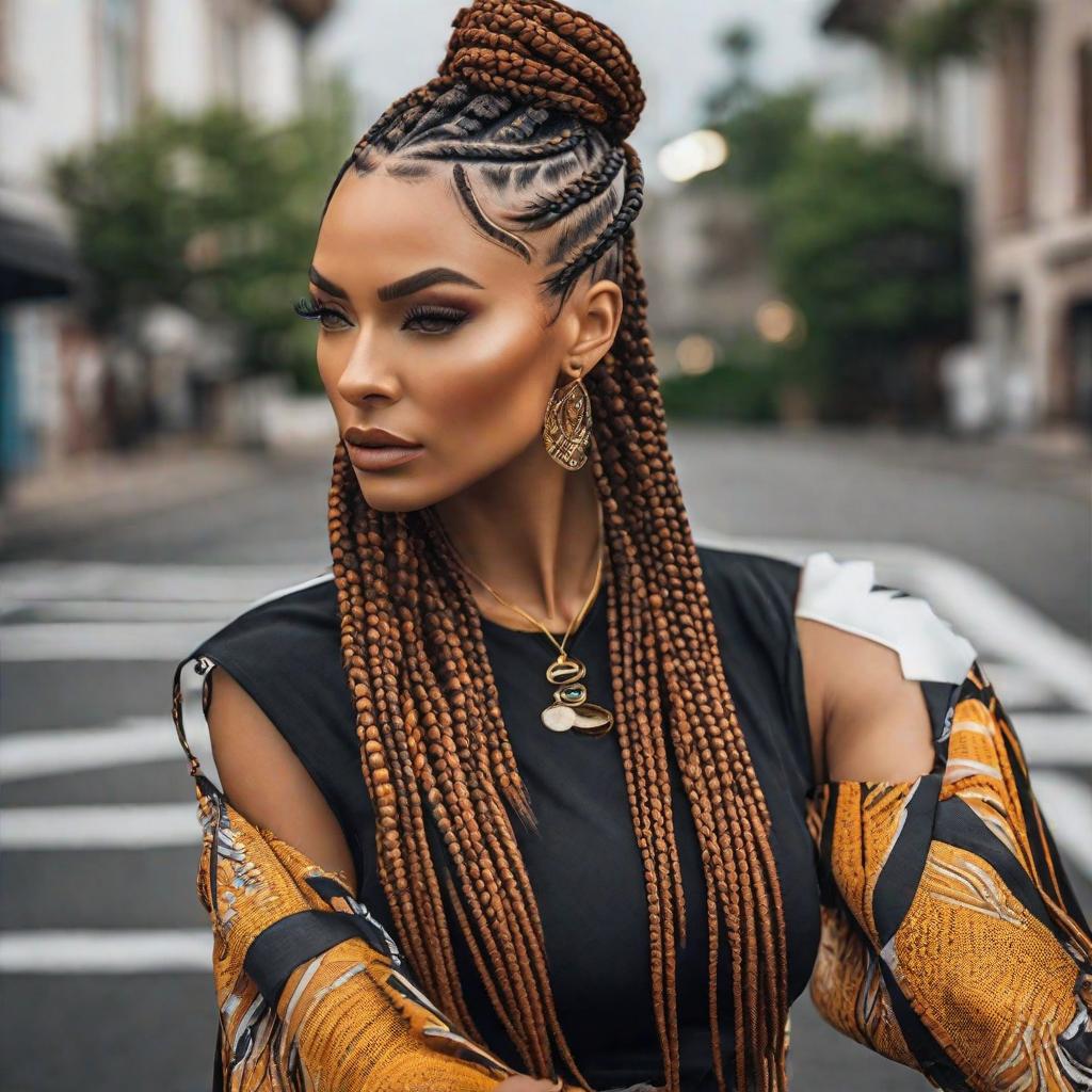  Cornrows Hairstyle for Women: Braided close to the scalp in various patterns. hyperrealistic, full body, detailed clothing, highly detailed, cinematic lighting, stunningly beautiful, intricate, sharp focus, f/1. 8, 85mm, (centered image composition), (professionally color graded), ((bright soft diffused light)), volumetric fog, trending on instagram, trending on tumblr, HDR 4K, 8K