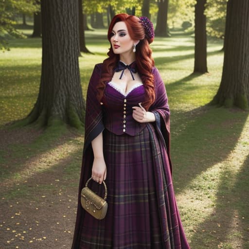  /send image of Amythyst, a woman with voluminous dark red hair in a loose gibson style wearing a purple tartan victorian gown while a picnic blanketFeannag lies beside her, his kilt stretched over strong as he gazes at her in admiration - she wears a regal purple tartan Victorian dress that envelops her frame , with voluminous dark red hair cascading around her head in a loose Gibson bun held together by gold-plated combs. Together, they've created an image of sophisticated grace and undeniable sensuality amid the picturesque tranquility of the park. They share this idyllic moment of food and laughter - Amythyst ly stealing glances at him beneath fluttering lashes while occasionally traili hyperrealistic, full body, detailed clothing, highly detailed, cinematic lighting, stunningly beautiful, intricate, sharp focus, f/1. 8, 85mm, (centered image composition), (professionally color graded), ((bright soft diffused light)), volumetric fog, trending on instagram, trending on tumblr, HDR 4K, 8K