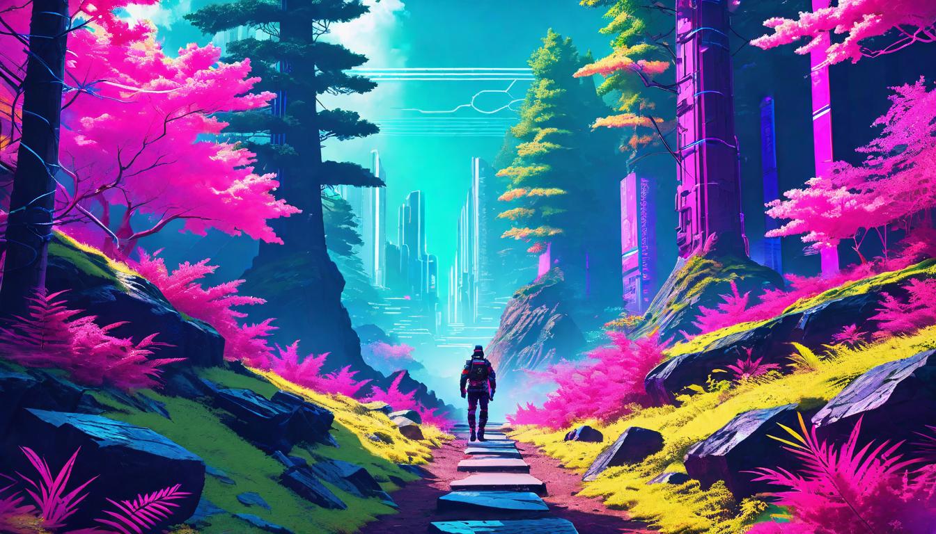  vaporwave,cyberpunk game style A rocky trail winding through a dense forest, journey of impact and challenge, path of giving with guarded solitude, ever forwardeon, dystopian, futuristic, digital, vibrant, detailed, high contrast, reminiscent of cyberpunk genre video games,retro aesthetic, cyberpunk, vibrant, neon colors, vintage 80s and 90s style, highly detailed