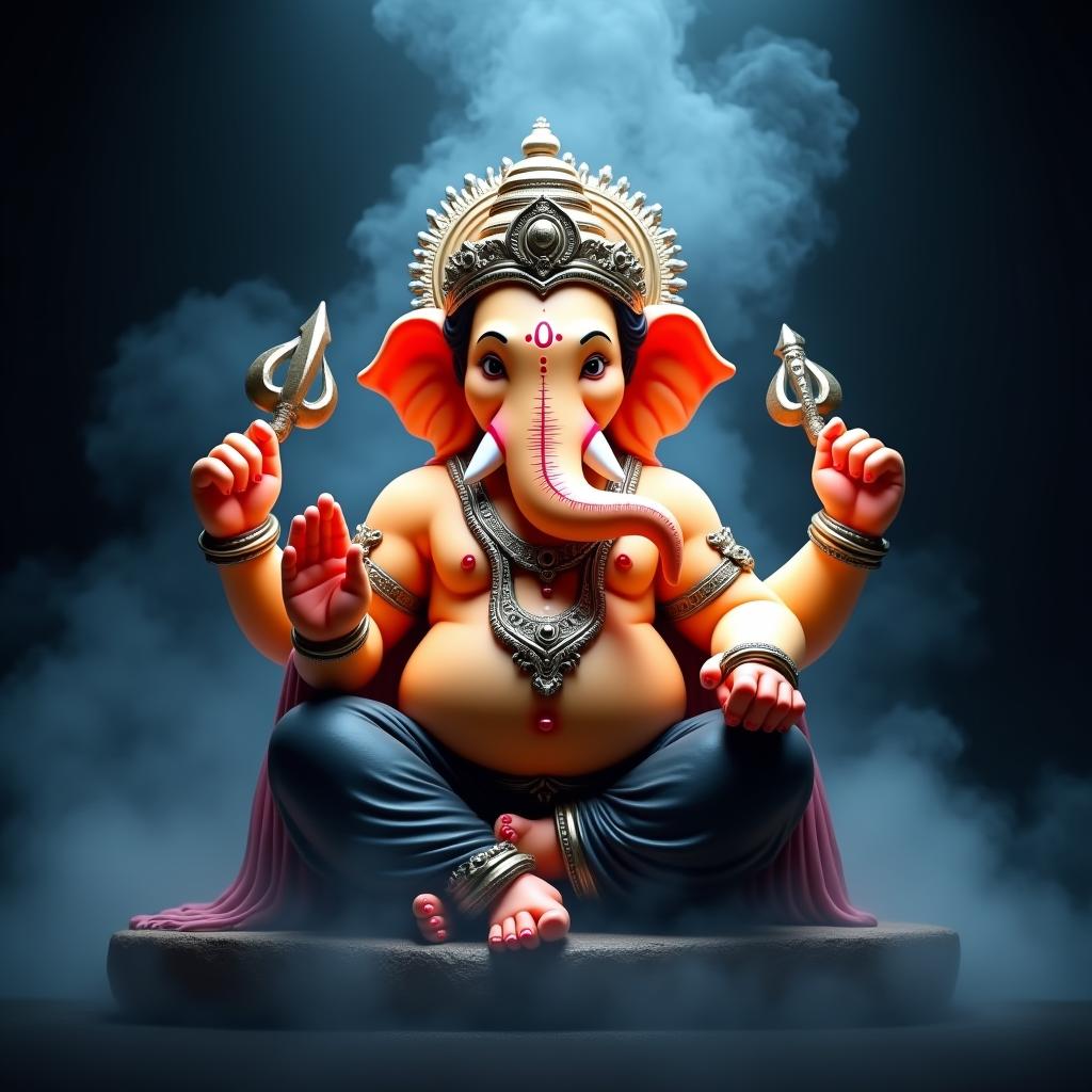  this image shows a vibrant depiction of the hindu deity cute ganesha. he is portrayed in a traditional sitting posture, adorned with ornate jewelry and a crown. his body is a soft orange, and his attire includes black and white garments. his multiple arms carry symbols and objects, indicative of his various powers and blessings. the background is dark, creating a dramatic contrast with a smoky blue aura behind the figure, adding to the divine and mystical effect, sharp focus, f/1. 8, 85mm, (centered image composition), (professionally color graded), ((bright soft diffused light)), volumetric fog, trending on instagram, trending on tumblr, hdr 4k, 8k hyperrealistic, full body, detailed clothing, highly detailed, cinematic lighting, stunningly beautiful, intricate, sharp focus, f/1. 8, 85mm, (centered image composition), (professionally color graded), ((bright soft diffused light)), volumetric fog, trending on instagram, trending on tumblr, HDR 4K, 8K