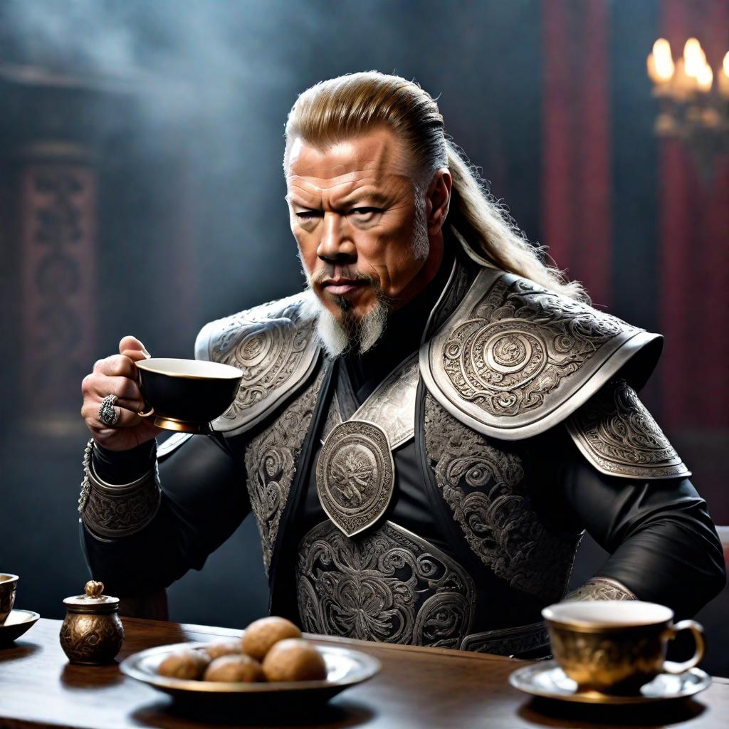  James Hetfield from Metallica having tea with Genghis khan hyperrealistic, full body, detailed clothing, highly detailed, cinematic lighting, stunningly beautiful, intricate, sharp focus, f/1. 8, 85mm, (centered image composition), (professionally color graded), ((bright soft diffused light)), volumetric fog, trending on instagram, trending on tumblr, HDR 4K, 8K