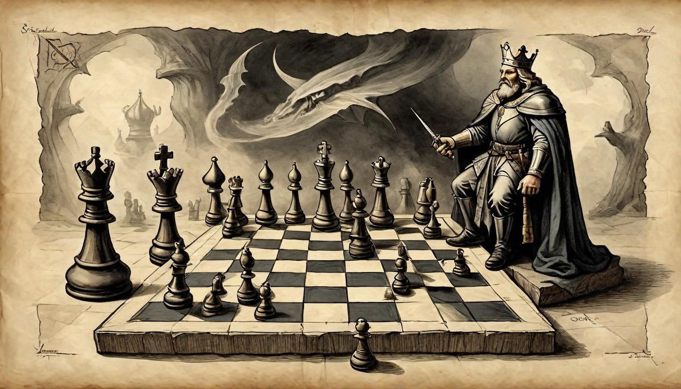  on parchment, surrealism+++, A chessboard where the king is toppling under the force of a pawn's strike, symbolizing the challenge to the status quo, challenge, upheaval, empowerment(mysterious, provocative, symbolic,muted color)+++